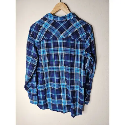 Woolrich  Blue Flannel Shirt Long Roll Tab Sleeve Button up Pocket Womens Size XL