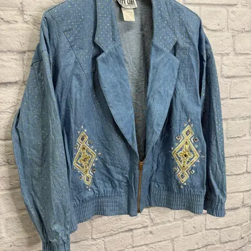 Vintage City Girl by Nancy Bolen Denim Gold Sparkle Jacket Size 14 XL Embellish Blue