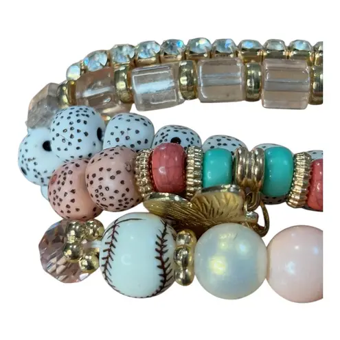 Beaded Bracelet Set with Butterfly Charm Multi Strand Pink Neutral New Gold