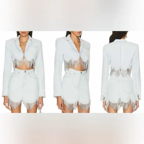 AREA Scalloped Embellished Cropped Denim Jacket in Pale Blue, Size 4, NWT Silver