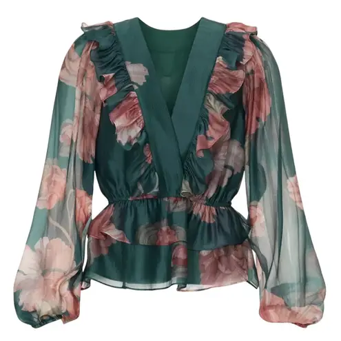 Hutch V-Neck Long Sleeve Floral Sema Top in Green Multi, Size XL