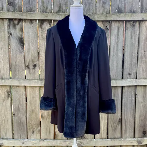 Vtg INC International Concepts Black Faux Fur Trim Coat Overcoat XL