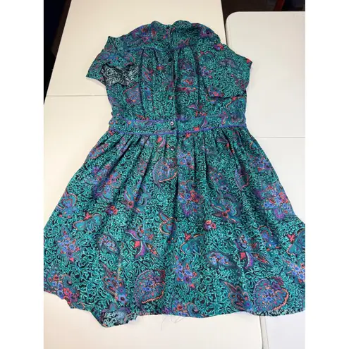 Vintage Phool Paisley Midi Dress Teal Purple Mock Neck Short Sleeve India M Green Size M