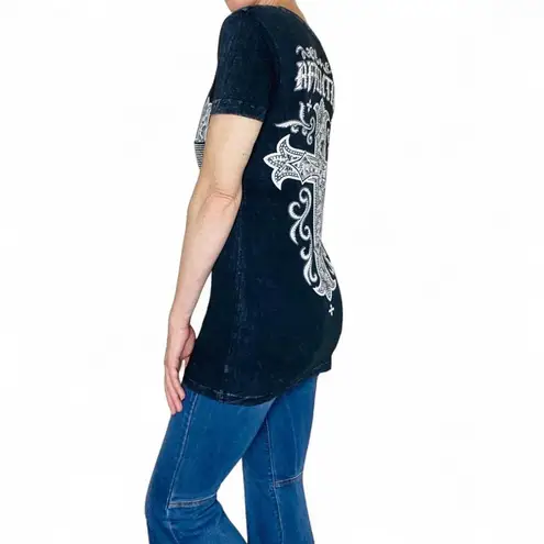 Affliction Vintage Y2K Live Fast Black Gem Rhinestone Cross Printed Tee