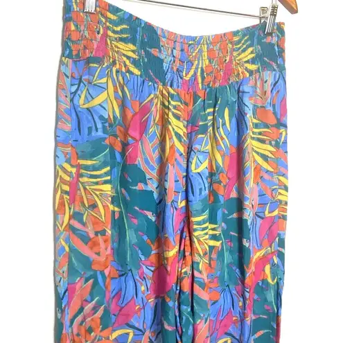 Kona Sol Leaf Print Multicolor Smocked Waist Side Slit Flowy Beach Pants Boho M