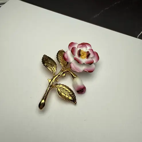 Pink & White Porcelain Rose Bud Flower Stem Brooch Pin Gold Tone Signed CR