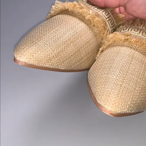 Michelle McDowell Carmen Natural Tan Woven Raffia Gold Mules Slip On Fringe 8