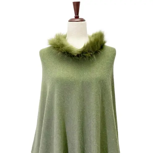 NWT La Marey 100% Cashmere Poncho Sweater Faux Fur Trim One Size Olive Green NEW