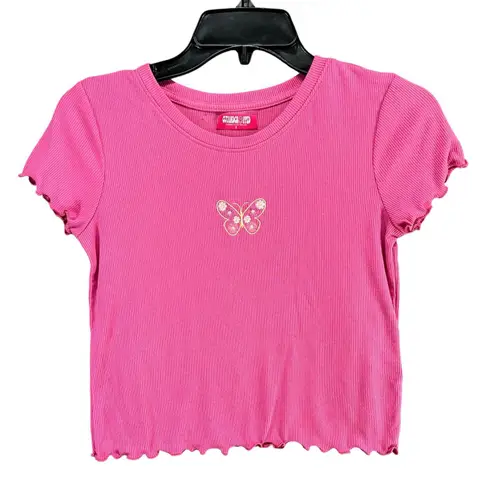 Cut and cropped Baby Tee Womens S Pink Ribbed Embroidered Butterfly Barbie Y2K