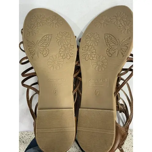 Womans American Eagle 6 Brown Strappy Zip Up Open Toe Flat Gladiator Sandals