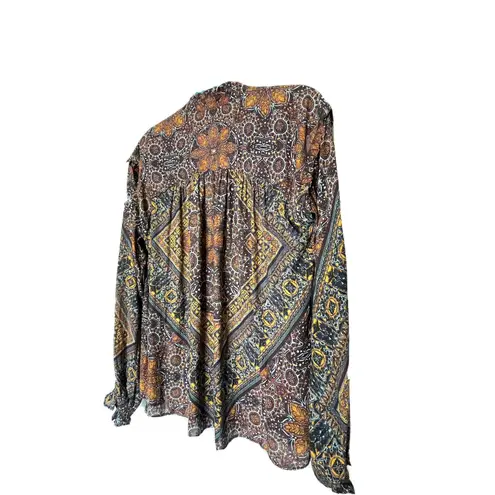 Free People  Little Runaway Medallion Print Top Blouse Size Small Keyhole Neck