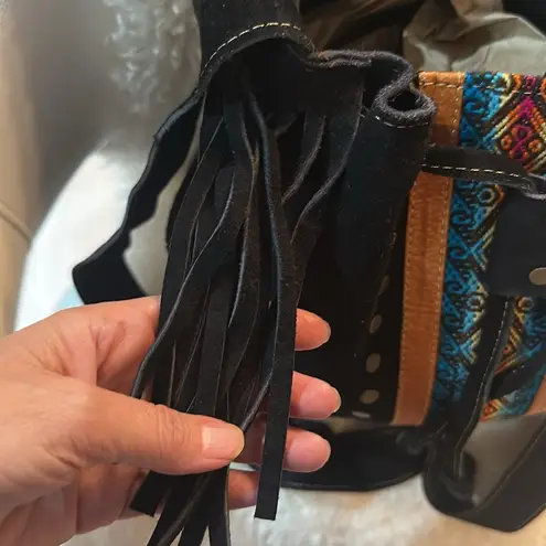 Dydaktik Black and Turquoise Suede Bucket or Crossbody Fringe Bag