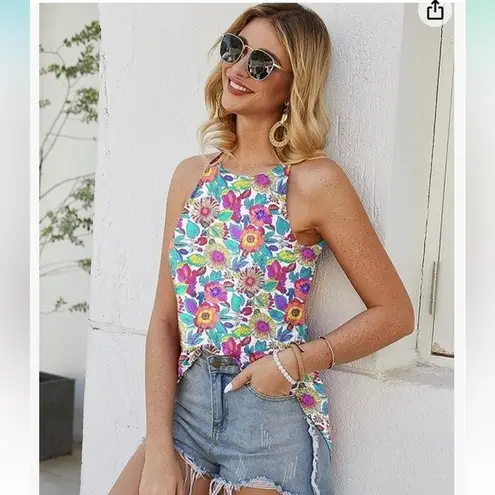 Tank Top Womens Plus XXL Floral Blue Summer Halter Cami Shirt Top Casual B3