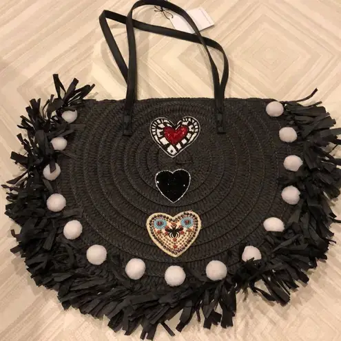 Btb Black Fringe Half Round Straw Tote Bag with Pom Poms and Heart Patches