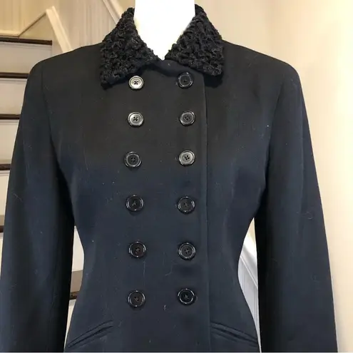 Ralph Lauren Military Faux Fur Lapel Double Breasted Black Wool Riding Coat Sz 6