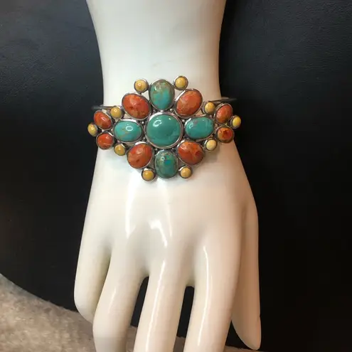 BARSE Sterling Silver Turquoise Spiny Oyster Coral Mosaic Inlay Cuff Bracelet Blue