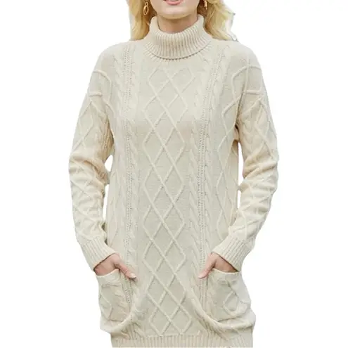 Tunic Sweater Turtleneck Cable Knit Merino Wool Pockets Cream Women Size Medium