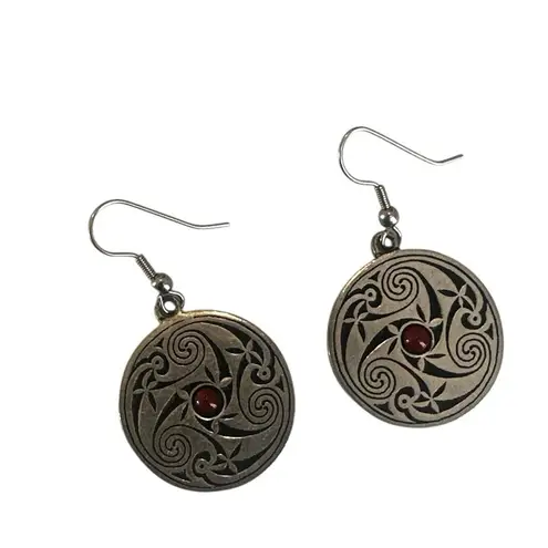 Piran Pewter Celtic Spiral Red Cabochon Drop Earrings Silver