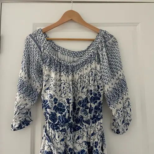 Anthropologie  Clemente Off Shoulder Floral Belted Romper Blue White