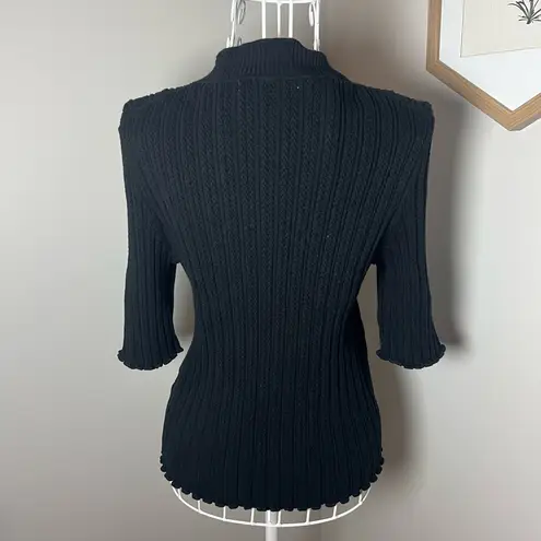 Boden Pointelle Ribbed Scalloped Black Knit Short Sleeve Sweater Mock Neck Sz L Size L