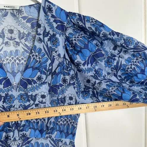 Sandro Eyana Yana Ruffle Mini Dress Size 8 Blue Floral Brunch Preppy Coastal