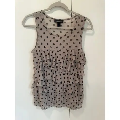INC Y2K Polka Dot top Grey Black Womens Size Med Sleeveless Ruffle Layering