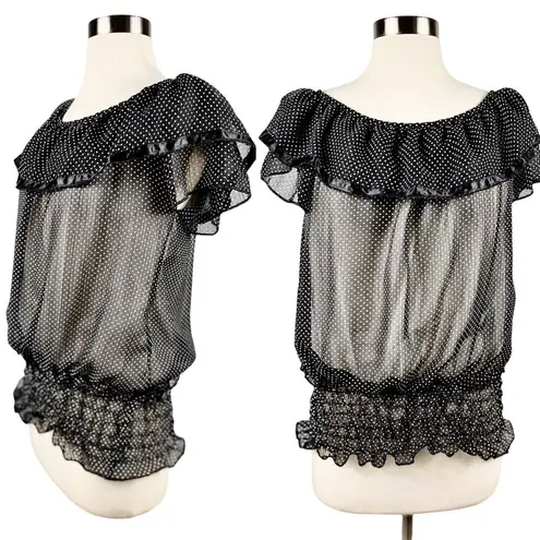 FROKEN SOT Blouse Black White Polka Dot Ruffles Sheer Top Retro Small Rockabilly
