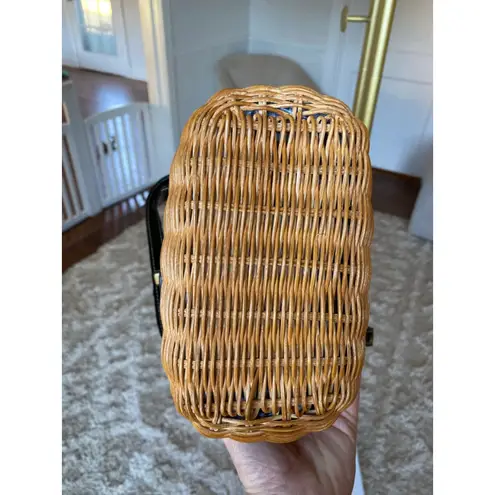 Vintage Wicker Basket Purse with Black Faux Croc Leather Trim & Gingham Lining Brown