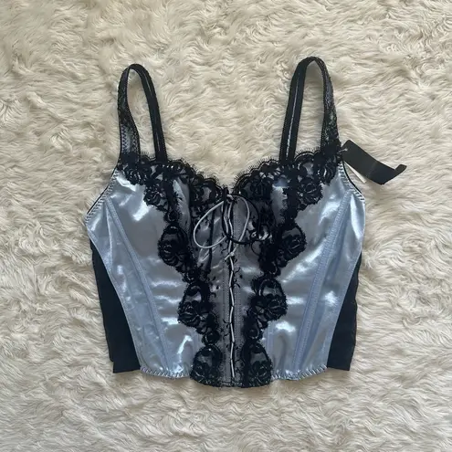 Delicates Corset Top Bustier Satin Lace Cropped Vintage Blue Black Sz L NWT New