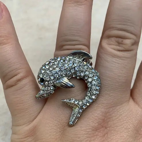 Silver Tone Crystal Ocean Beach Dolphin Ring