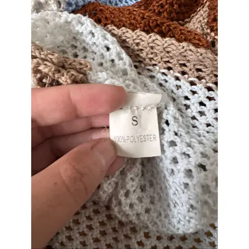 Colorblock Crochet Knit Top | Long Bell Sleeve Off Shoulder Sweater Size Small Brown