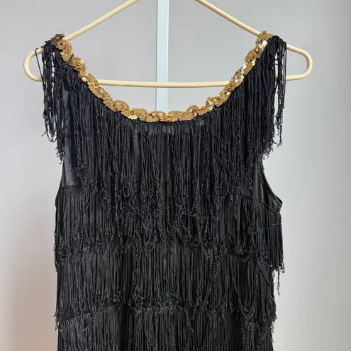 Black Fringe Flapper Dress Gold Sequins Gatsby Costume Party