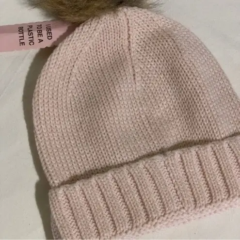 Serra Pink Knit Beanie Metallic Gold Threads and Faux Fur Pom Pom NWT
