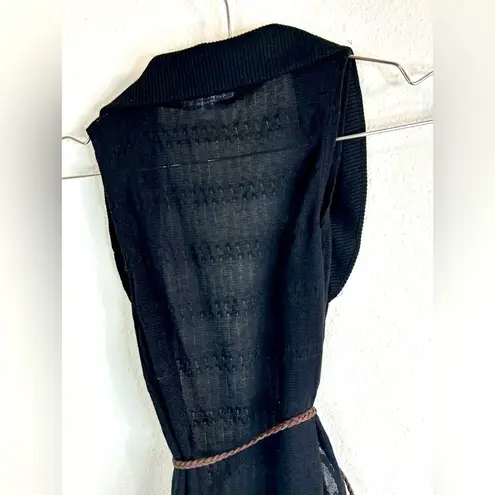 belle du jour Black Drape Vest Top S Boho Knit Sleeveless Open Belted Ruffle Hem