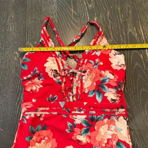 Kona Sol Women's M Red Floral Lace-Up One Piece Swimsuit