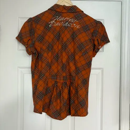 Harley Davidson‎ Orange Plaid Short Sleeve Button Up Size Medium