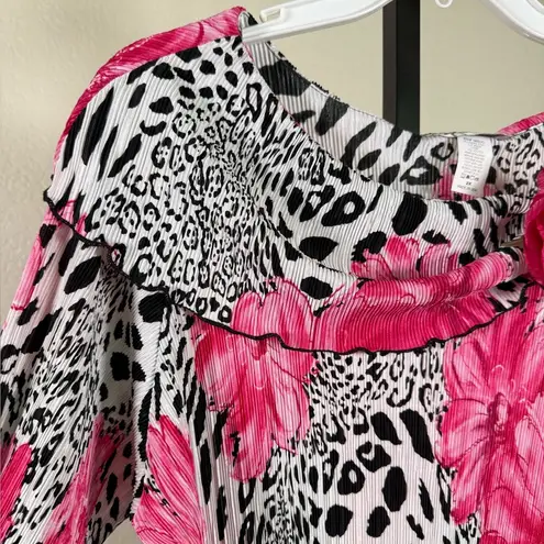Bold Animal Print Floral Pleated Blouse 2X Stretchy Top Dressbarn Corpcore Chic Pink