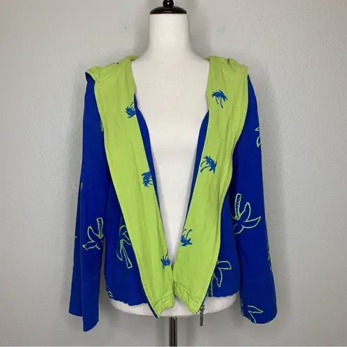 Erin London Linen Blend Vintage Blue Palm Trees Zip Up Hoodie Jacket