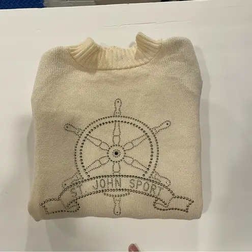 Vintage 80’s St. John santana knit creamy mock neck sweater nautical bling Silver Size L