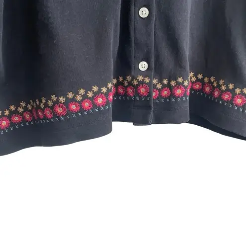 L.L.Bean  Women Top Crew Neck Long Sleeve Embroidered Floral Hem Button Up L Black