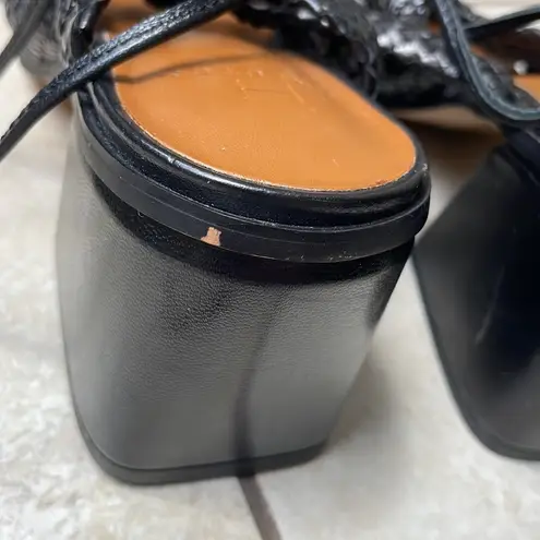 H by Halston 7.5 Halston Piper Strappy Block Chunky Sandal Heels Black Leather Braided