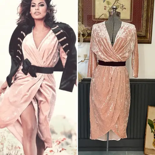 Eva Mendes X NY&CO Pleated Peachy Pink Velvet Faux Wrap Dress