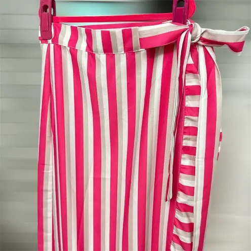 Pink Striped Ruffle Trim Tie Side Wrap Hem Skirt
