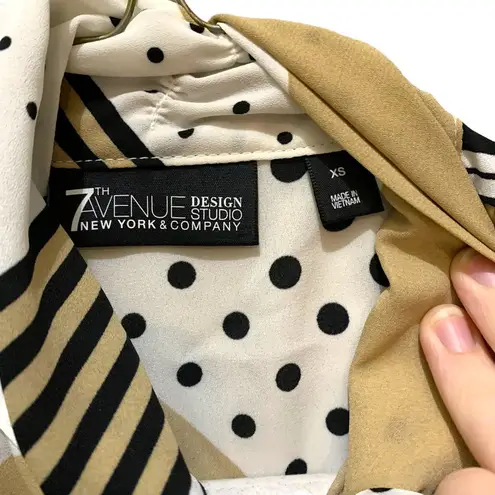Pacific&Co NY & 7th ave tan white black stripe polka dot eclectic tie blouse 3/4 sleeve