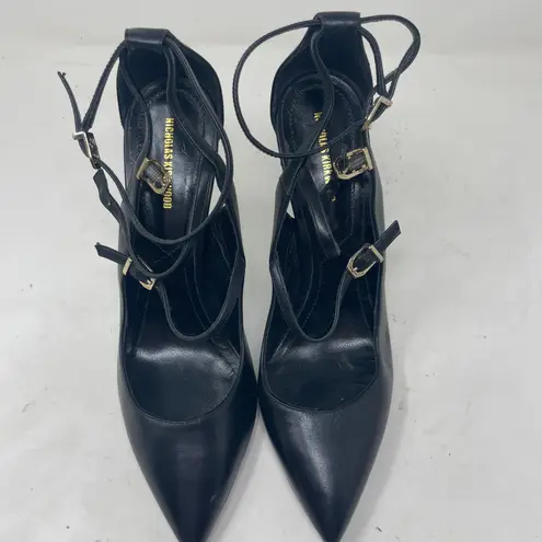 Nicholas Kirkwood Black leather pointy toe ankle strap 100mm pump heel 40.5 10.5