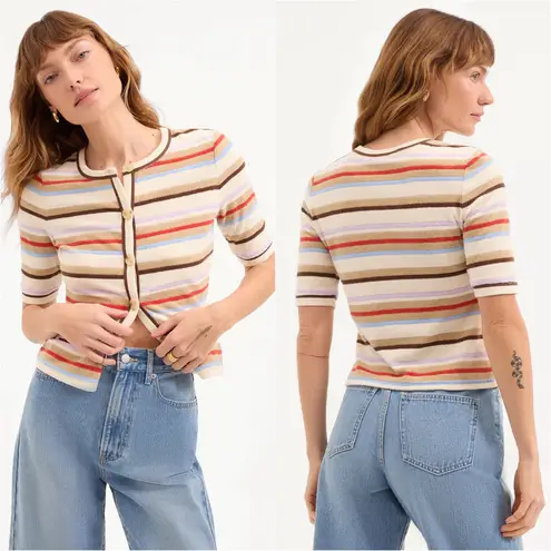 Veronica Beard Brendan Striped Short-Sleeve Cardigan Stone Khaki Multi Sz M - Image 2