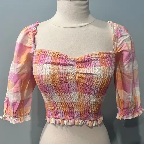 Charlie Holiday NEW Pink Multi Check Andrea Smocked Puff Sleeve Crop Blouse S/4