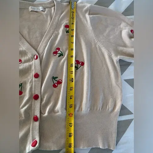 Cream and Red Cherry Print Cropped Cardigan Size undefined