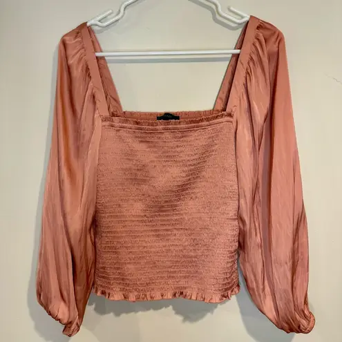 J.Crew  Squareneck Smocked Featherweight Pink Satin Long Sleeve Crop Top