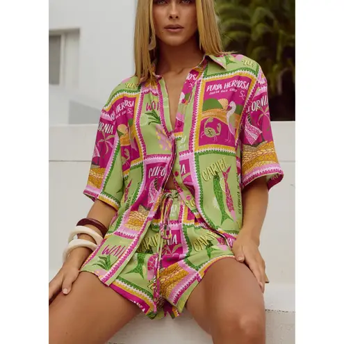 Seven Wonders Two Piece Set Womens XS Purple Green Hawaiian Aloha Shirt Shorts